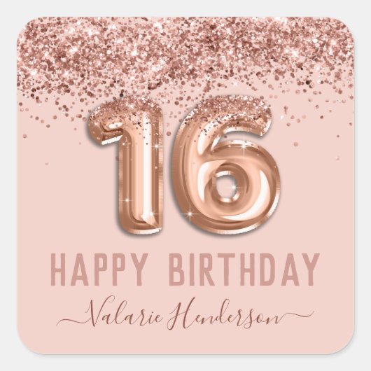 Fancy script roze glitter Happy 16th Birthday Vierkante Sticker (Voorkant)