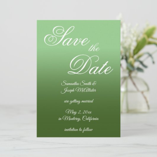 Fancy script Sage and Forest Green Ombre Save The Date (Staand voorkant)