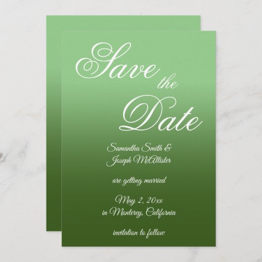 Fancy script Sage and Forest Green Ombre Save The Date (Voorkant / Achterkant)