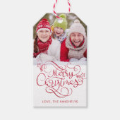 Fancy script voor prettige kerst, rood glitter cadeaulabel (Voorkant)