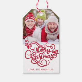 Fancy script voor prettige kerst, rood glitter cadeaulabel