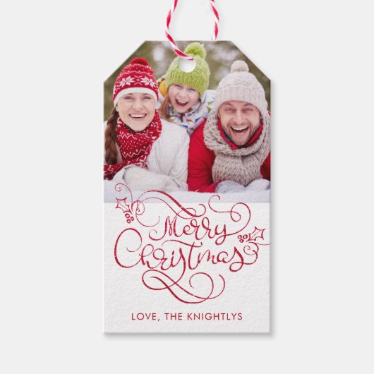 Fancy script voor prettige kerst, rood glitter cadeaulabel (Voorkant)