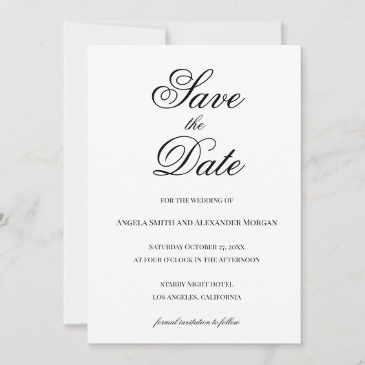 Fancy scriptkalligrafie zwart-wit save the date (Voorkant)