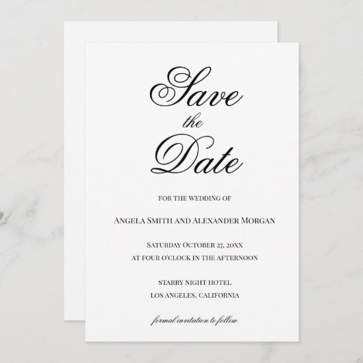 Fancy scriptkalligrafie zwart-wit save the date (Voorkant / Achterkant)