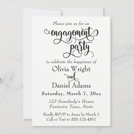 Fancy scriptletters Black White Engagement Party Kaart (Voorkant)