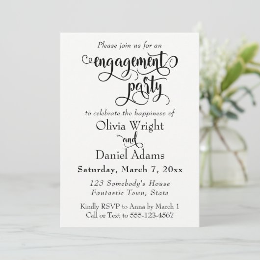 Fancy scriptletters Black White Engagement Party Kaart (Staand voorkant)