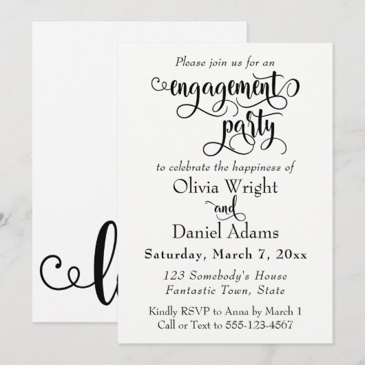 Fancy scriptletters Black White Engagement Party Kaart (Voorkant / Achterkant)