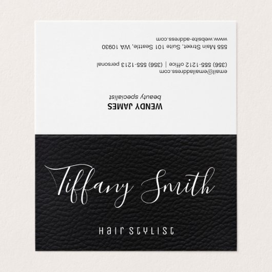 Fancy scriptlettertype | leer | kapper visitekaartje (Buitenkant ongevouwen)