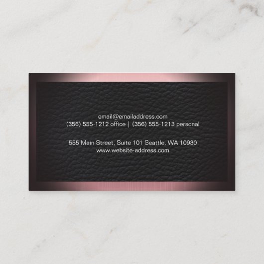 Fancy scriptlettertype | leer | metalen rand visitekaartje (Achterkant)