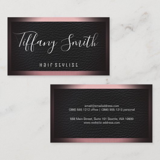 Fancy scriptlettertype | leer | metalen rand visitekaartje (Voorkant / Achterkant)