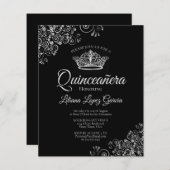 Fancy Silver & Black BUDGET Quinceañera Uitnodigin (Voorkant / Achterkant)