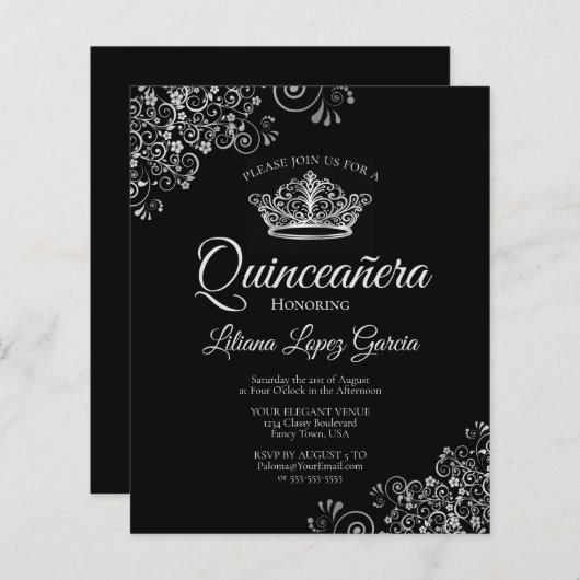 Fancy Silver & Black BUDGET Quinceañera Uitnodigin (Voorkant / Achterkant)