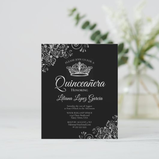 Fancy Silver & Black BUDGET Quinceañera Uitnodigin (Staand voorkant)