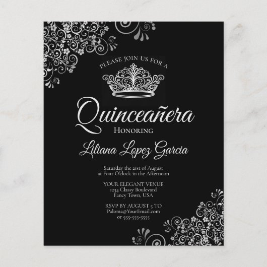 Fancy Silver & Black BUDGET Quinceañera Uitnodigin (Voorkant)