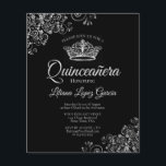 Fancy Silver & Black BUDGET Quinceañera Uitnodigin<br><div class="desc">Deze betaalbare, budgetvriendelijke Quinceañera-uitnodigingen zijn de perfecte keuze voor klasse, stijl en schoonheid met een beperkt budget. Het ontwerp heeft een klassieke zwarte achtergrond met een zilveren kroon en zilvergrijze krullen en wervelingen in de hoeken. De typografie bevat fancy scriptbelettering voor een stijl die tegelijkertijd eenvoudig en elegant is. Prachtige...</div>