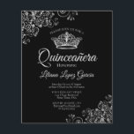 Fancy Silver & Black BUDGET Quinceañera Uitnodigin<br><div class="desc">Deze betaalbare, budgetvriendelijke Quinceañera-uitnodigingen zijn de perfecte keuze voor klasse, stijl en schoonheid met een beperkt budget. Het ontwerp heeft een klassieke zwarte achtergrond met een zilveren kroon en zilvergrijze krullen en wervelingen in de hoeken. De typografie bevat fancy scriptbelettering voor een stijl die tegelijkertijd eenvoudig en elegant is. Prachtige...</div>