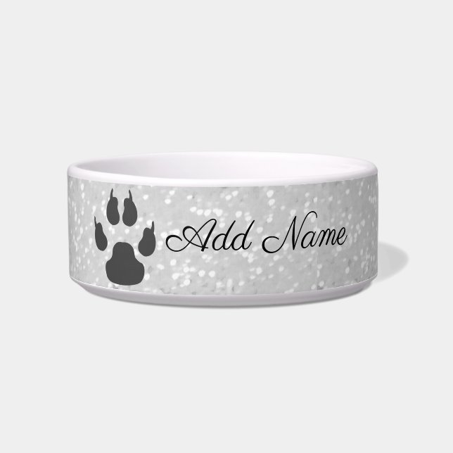 Fancy Silver Faux Glitter Paw Print Gepersonalisee Voerbakje (Voorkant)