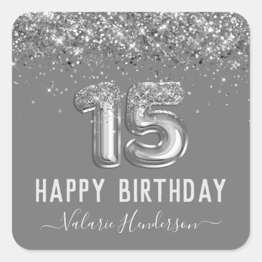 Fancy Silver Glitter Happy 15th Birthday Vierkante Sticker (Voorkant)