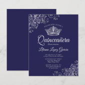 Fancy Silver & Navy BUDGET Quinceañera Uitnodiging (Voorkant / Achterkant)