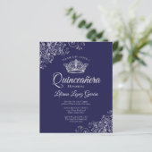 Fancy Silver & Navy BUDGET Quinceañera Uitnodiging (Staand voorkant)