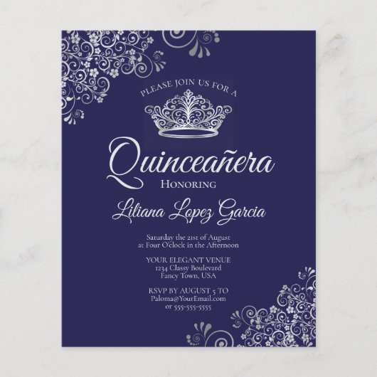 Fancy Silver & Navy BUDGET Quinceañera Uitnodiging (Voorkant)