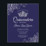 Fancy Silver & Navy BUDGET Quinceañera Uitnodiging<br><div class="desc">Deze betaalbare, budgetvriendelijke Quinceañera-uitnodigingen zijn de perfecte keuze voor klasse, stijl en schoonheid met een beperkt budget. Het ontwerp is voorzien van een diepzee- of middernachtblauw gekleurde achtergrond met een zilveren kroon en zilvergrijze krullen en wervelingen in de hoeken. De typografie bevat fancy scriptbelettering voor een stijl die tegelijkertijd eenvoudig...</div>