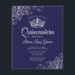 Fancy Silver & Navy BUDGET Quinceañera Uitnodiging<br><div class="desc">Deze betaalbare, budgetvriendelijke Quinceañera-uitnodigingen zijn de perfecte keuze voor klasse, stijl en schoonheid met een beperkt budget. Het ontwerp is voorzien van een diepzee- of middernachtblauw gekleurde achtergrond met een zilveren kroon en zilvergrijze krullen en wervelingen in de hoeken. De typografie bevat fancy scriptbelettering voor een stijl die tegelijkertijd eenvoudig...</div>