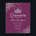 Fancy Silver & Plum BUDGET Quinceañera Uitnodiging<br><div class="desc">Deze betaalbare, budgetvriendelijke Quinceañera-uitnodigingen zijn de perfecte keuze voor klasse, stijl en schoonheid met een beperkt budget. Het ontwerp is voorzien van een magenta, pruim of bes paarse achtergrond met een zilveren kroon en zilvergrijze krullen en wervelingen in de hoeken. De typografie bevat fancy scriptbelettering voor een stijl die tegelijkertijd...</div>