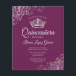 Fancy Silver & Plum BUDGET Quinceañera Uitnodiging<br><div class="desc">Deze betaalbare, budgetvriendelijke Quinceañera-uitnodigingen zijn de perfecte keuze voor klasse, stijl en schoonheid met een beperkt budget. Het ontwerp is voorzien van een magenta, pruim of bes paarse achtergrond met een zilveren kroon en zilvergrijze krullen en wervelingen in de hoeken. De typografie bevat fancy scriptbelettering voor een stijl die tegelijkertijd...</div>
