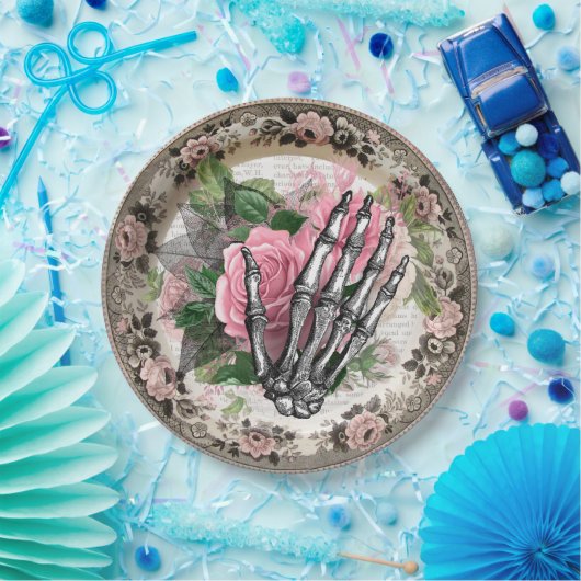 Fancy Skelet Hand met Rozen Halloween Papieren Bordje (Feest)