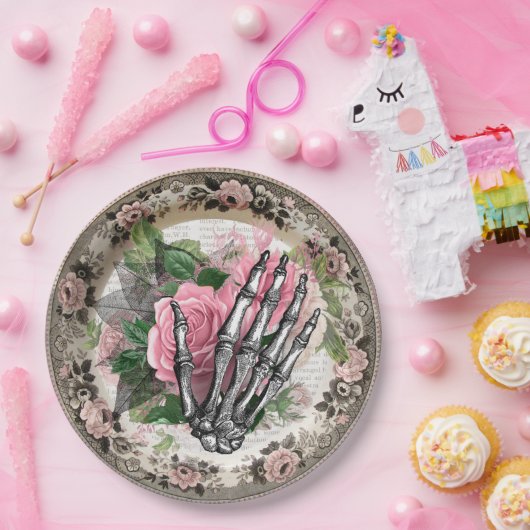 Fancy Skelet Hand met Rozen  Halloween Papieren Bordje (Feest)