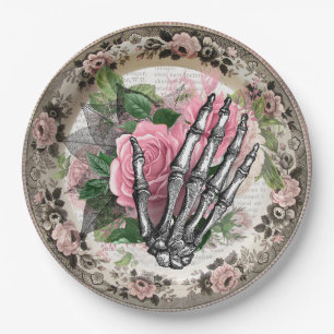 Fancy Skelet Hand met Rozen  Halloween Papieren Bordje