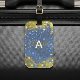 Fancy Starry Glittery Blue en Gold Girly, op maat Bagagelabel