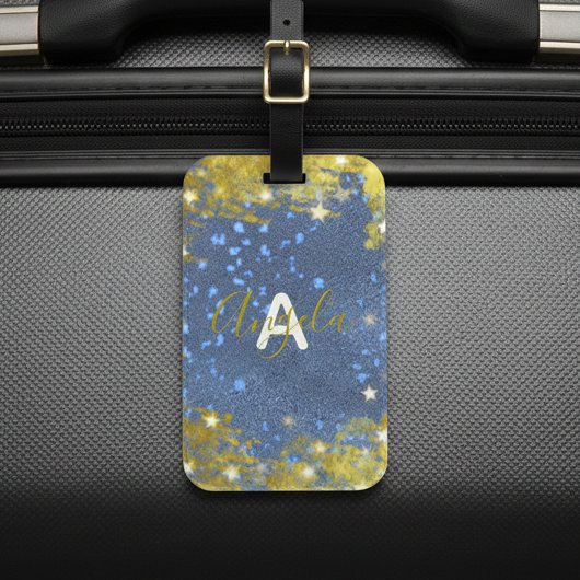 Fancy Starry Glittery Blue en Gold Girly, op maat Bagagelabel