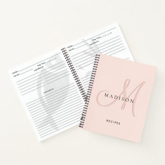 Fancy Stijlvol Blush Pink Monogram Script Recept Notitieboek (Binnen)