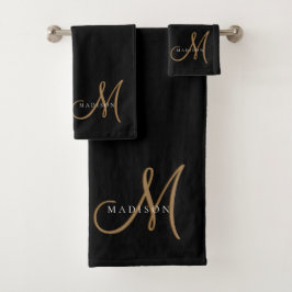 Fancy Stijlvol Zwart en Goud Monogram Script Bad Handdoek
