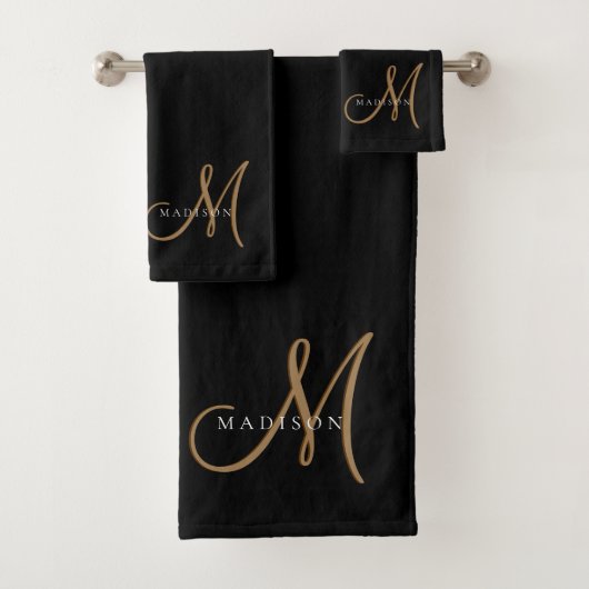 Fancy Stijlvol Zwart en Goud Monogram Script Bad Handdoek (Insitu)