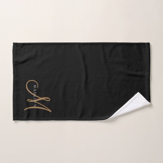 Fancy Stijlvol Zwart en Goud Monogram Script Bad Handdoek (Handdoek)