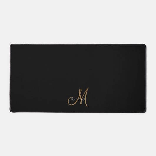 Fancy Stijlvol Zwart en Goud Monogram Script Bureaumat (Voorkant)