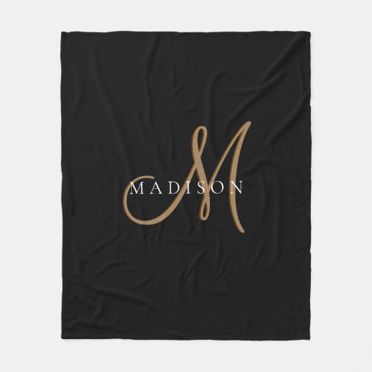 Fancy Stijlvol Zwart en Goud Monogram Script Fleece Deken (Voorkant)