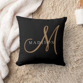 Fancy Stijlvol Zwart en Goud Monogram Script Kussen