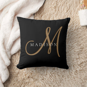 Fancy Stijlvol Zwart en Goud Monogram Script Kussen