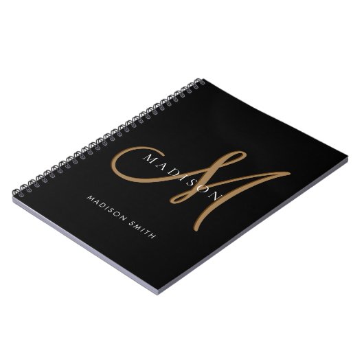 Fancy Stijlvol Zwart en Goud Monogram Script Notitieboek (Linkerzijde)