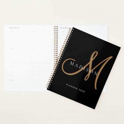 Fancy Stijlvol Zwart en Goud Monogram Script Planner (Display)