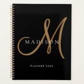 Fancy Stijlvol Zwart en Goud Monogram Script Planner (Voorkant)