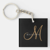 Fancy Stijlvol Zwart en Goud Monogram Script Sleutelhanger (Voorkant)