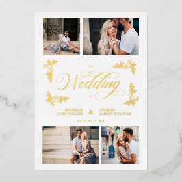 Fancy takken Trendy Collage Wedding 4 Foto's Folie Uitnodiging