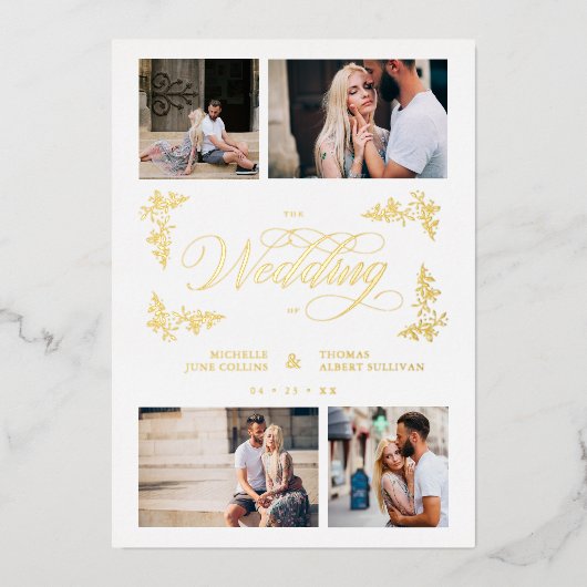 Fancy takken Trendy Collage Wedding 4 Foto's Folie Uitnodiging (Voorkant)