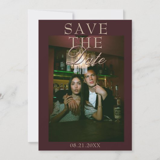 Fancy Tamarinde Burgundy Bloem Foto Retro Bruiloft Save The Date (Voorkant)