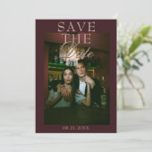 Fancy Tamarinde Burgundy Bloem Foto Retro Bruiloft Save The Date (Staand voorkant)